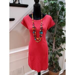 Banana Republic Women's Red Cotton Round Neck Short Sleeve Knee Length Dress M